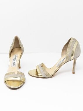 Jimmy Choo Genuine Leather Suede Gold Metallic Open Toe High Heels Shoes 6